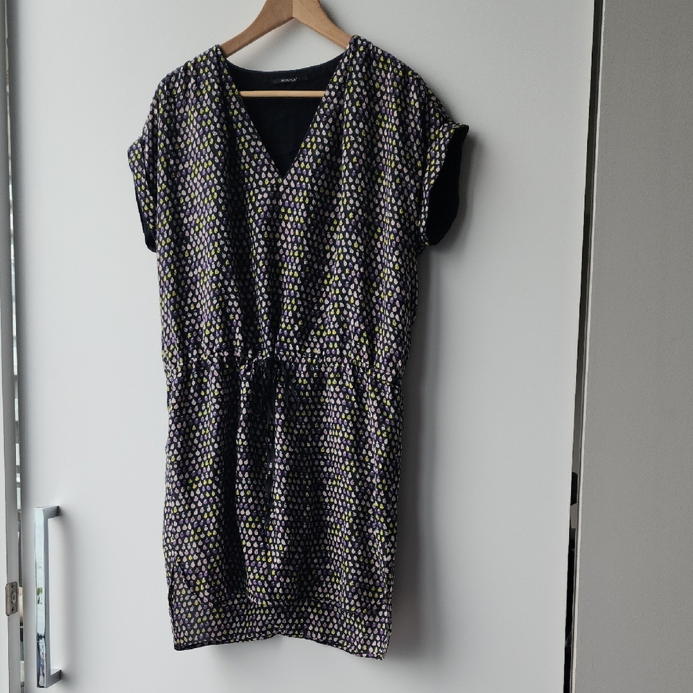Kookai 100% Silk Abstract Fruit Print Gathered Waist Lightweight Summer Dress